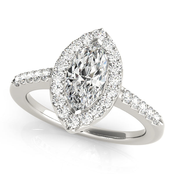 Elegant marquise lab created diamond halo ring in 14K white gold.
