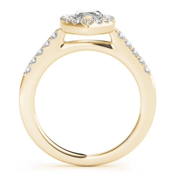Side profile of yellow gold marquise halo ring