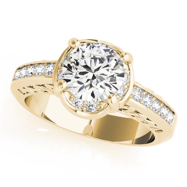 14k yellow gold round lab grown diamond halo engagement ring front view.