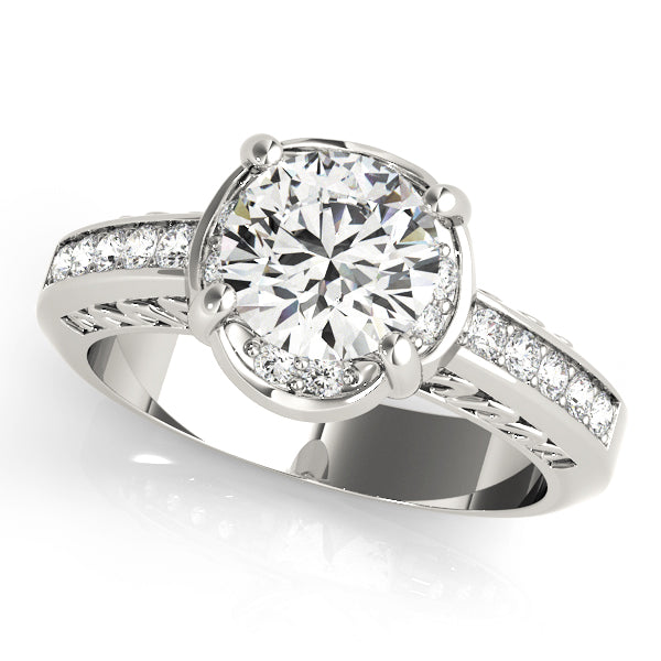 14k white gold round lab grown diamond halo ring front view.