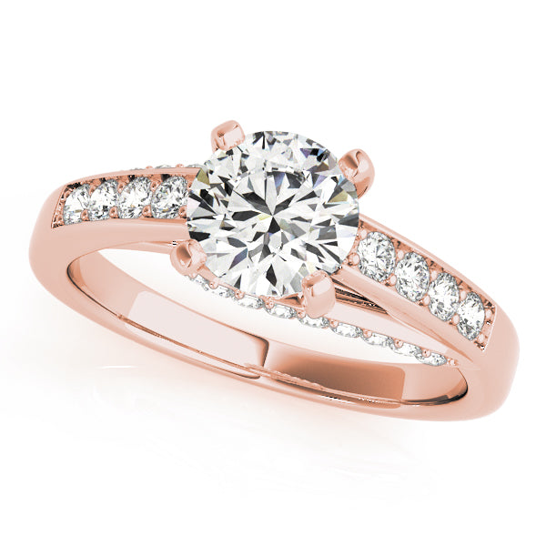 Rose gold round lab diamond ring angled front view.