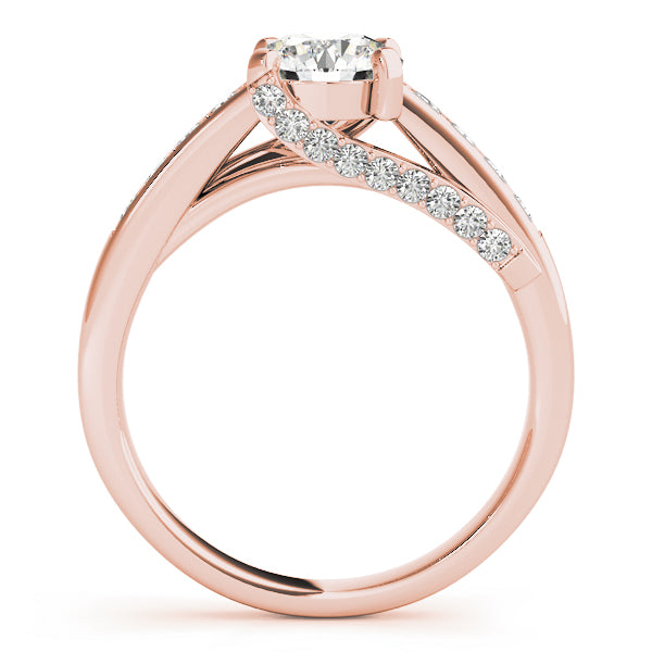 Rose gold interlocking shank diamond ring side view.