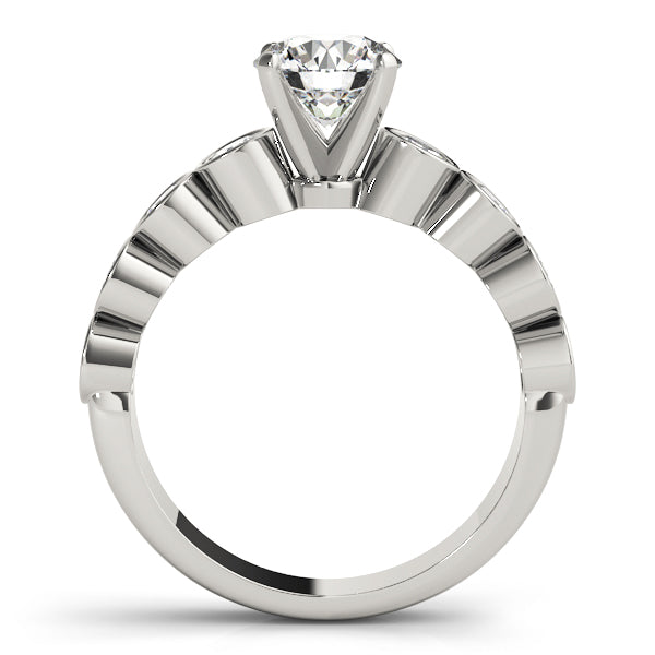 Side perspective of white gold bezel accent diamond ring.