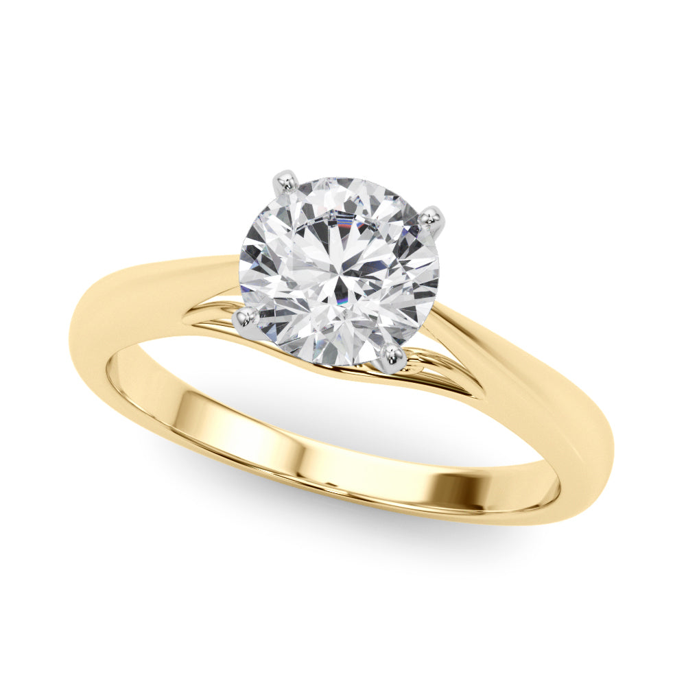 Yellow gold round lab diamond solitaire ring with plain cathedral band.
