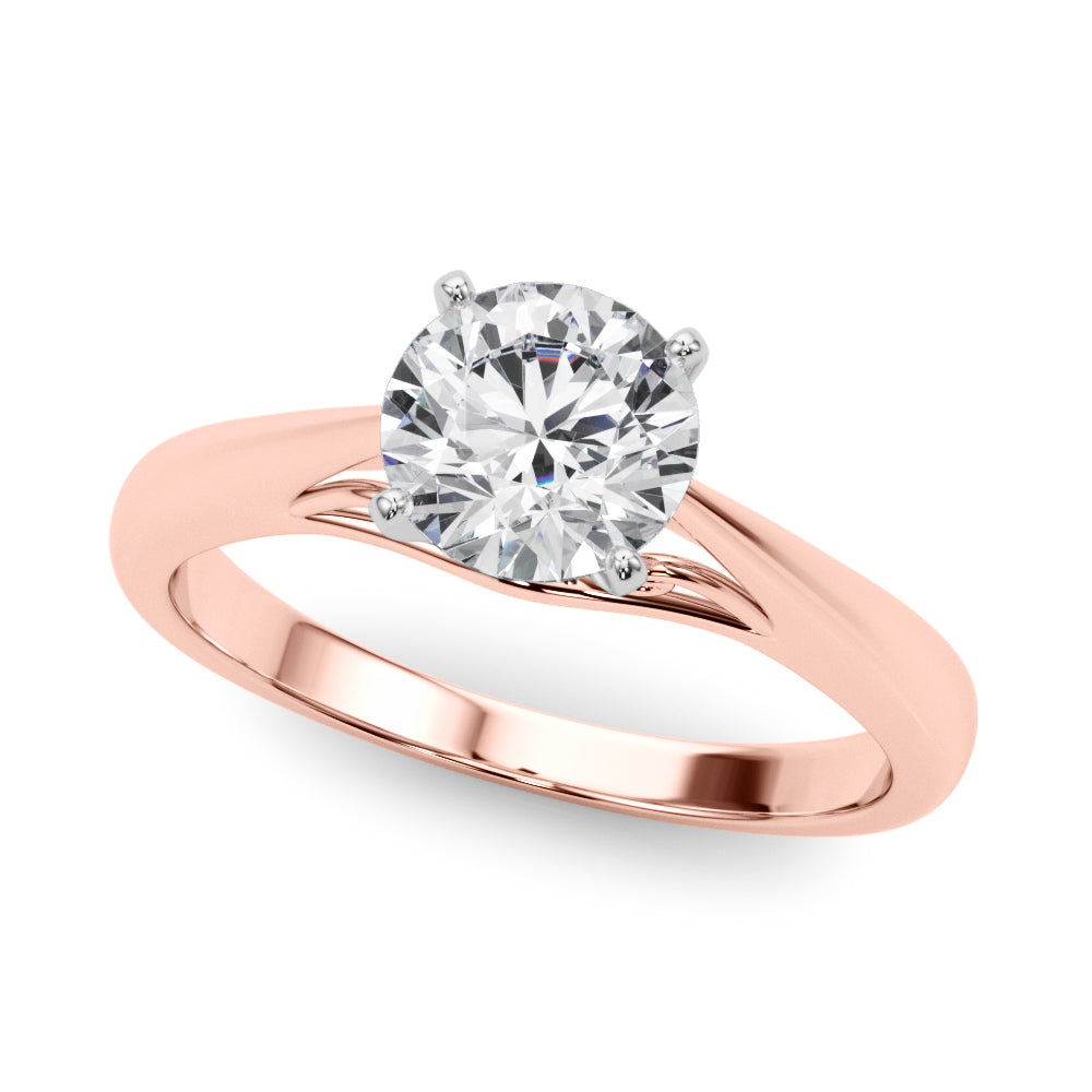 Rose gold round cut diamond solitaire ring with polished high band.