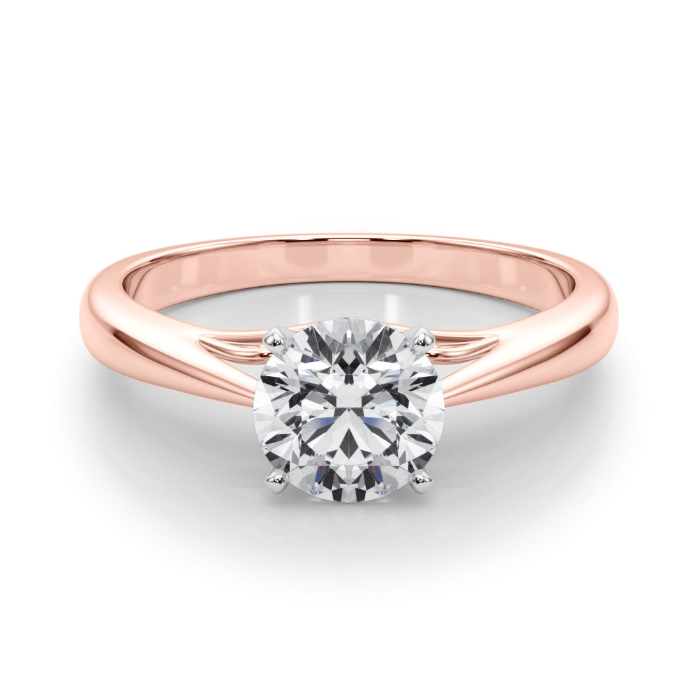 Front perspective of rose gold round cut lab diamond solitaire ring.