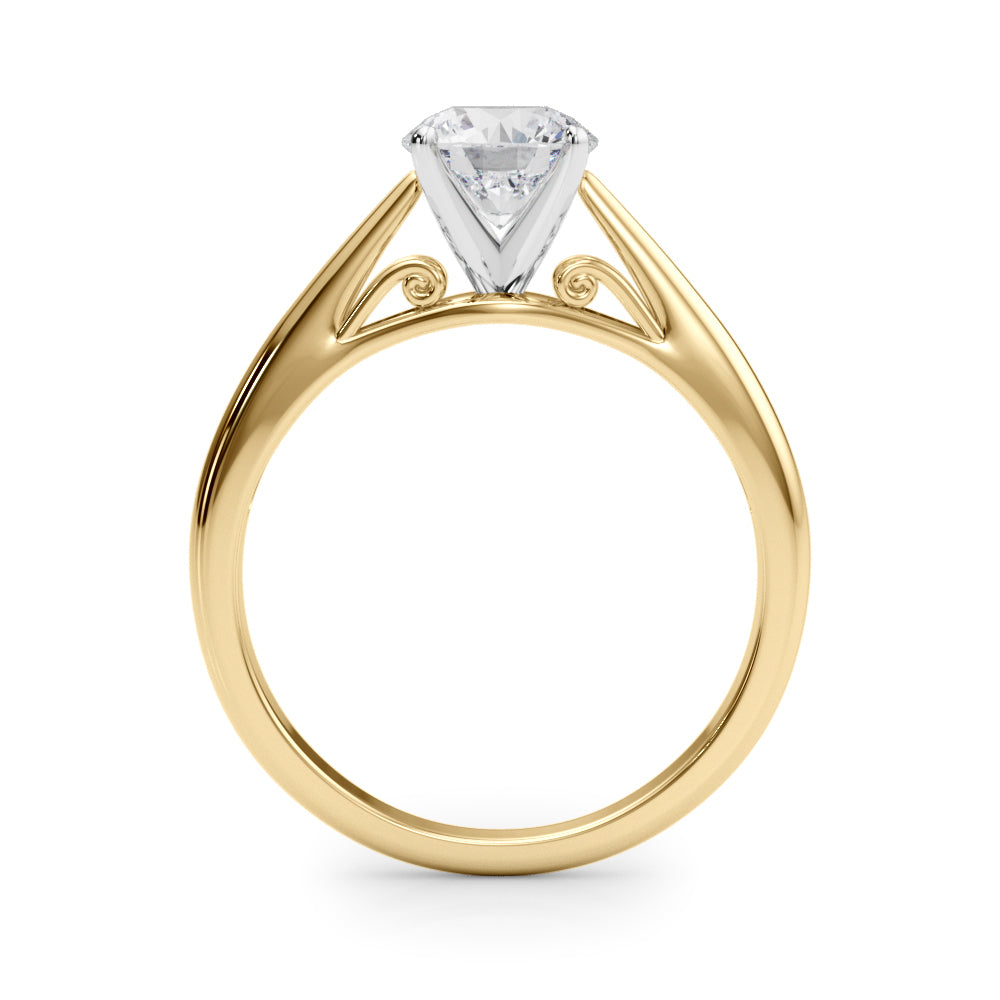 Side profile of yellow gold ring showing vintage scrollwork gallery.