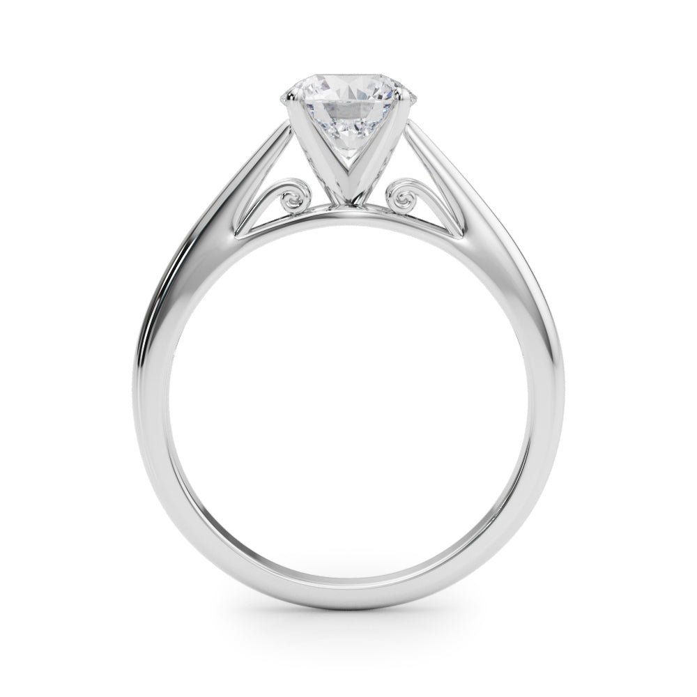 Side view of white gold solitaire ring showing detailed under-gallery.