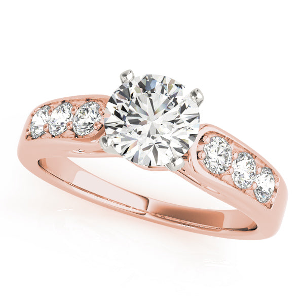 Rose gold round diamond ring featuring prong set accent band.