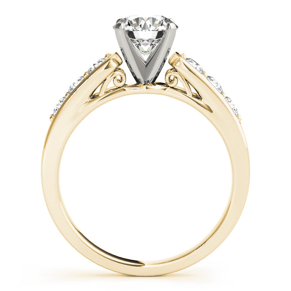 Side view of yellow gold cathedral ring showing hidden scroll detailing.