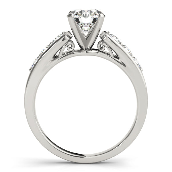 Side view of white gold high setting ring with vintage under-basket.