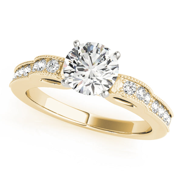 Front view of round lab grown diamond engagement ring with milgrain in 14K yellow gold