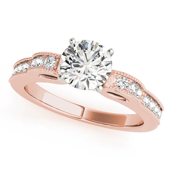 Front view of vintage style round lab diamond ring in 14K rose gold