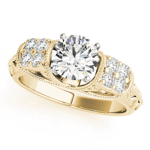 Front view of antique round lab grown diamond cluster engagement ring in 14K yellow gold