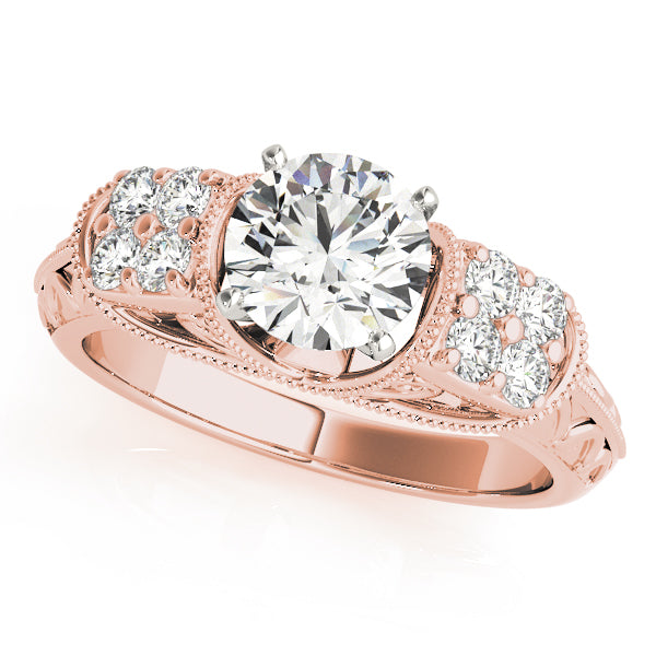 Front view of vintage round lab created diamond ring with engraved band in 14K rose gold