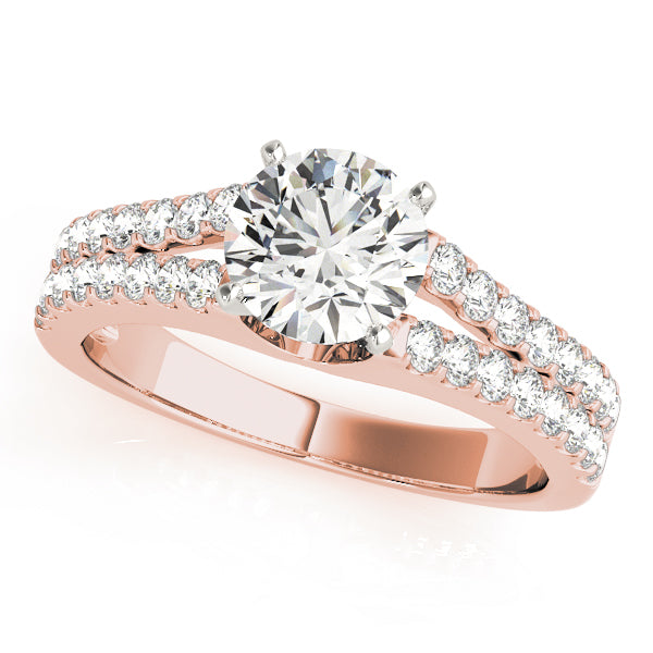 Front view of double row pave lab diamond split shank ring in 14K rose gold