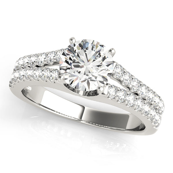 Front angle of brilliant round cut lab diamond split shank ring in 14K white gold