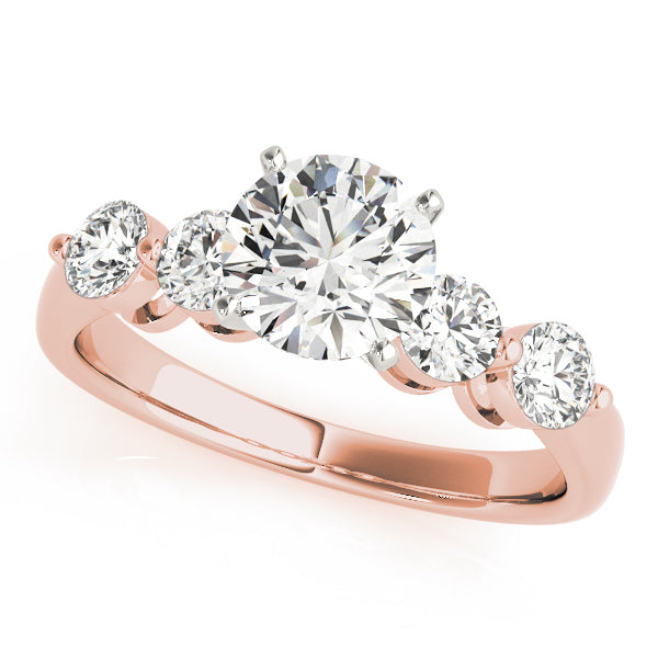 Front view of shared prong five stone round lab diamond ring in 14K rose gold