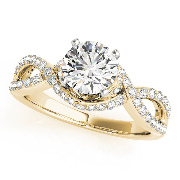 Front view of round lab grown diamond infinity twist engagement ring in 14K yellow gold
