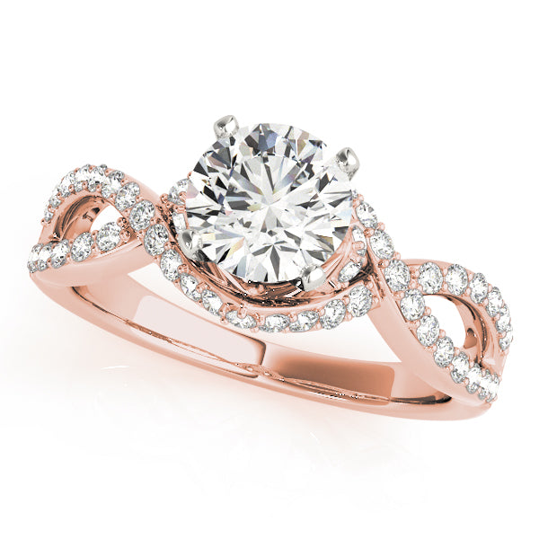 Front view of intertwined pave lab diamond twisted shank ring in 14K rose gold