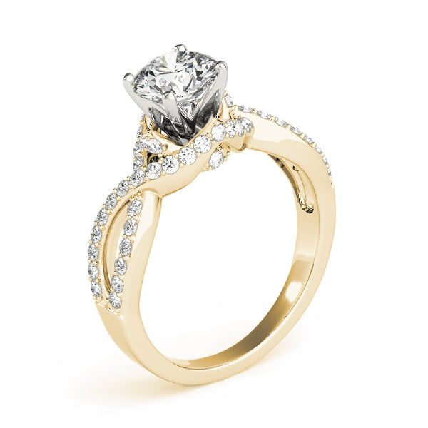Three-quarter view of yellow gold twisted shank lab diamond ring showing pave side stones