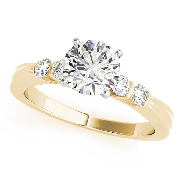 Front angle view of round lab grown diamond graduated accent engagement ring in 14K yellow gold