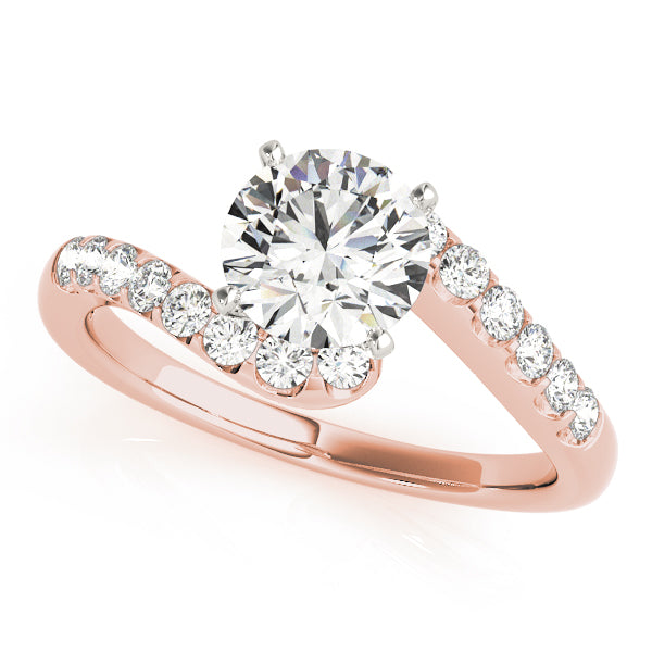 Front angle view of pave set fluid bypass lab diamond ring in 14K rose gold