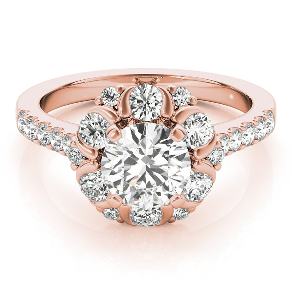 rose gold royal halo ring showcasing the brilliant center stone and surrounding diamond accents.