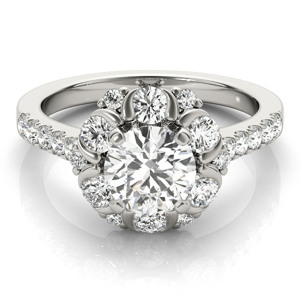 Front overview perspective of a white gold antique style scalloped diamond ring