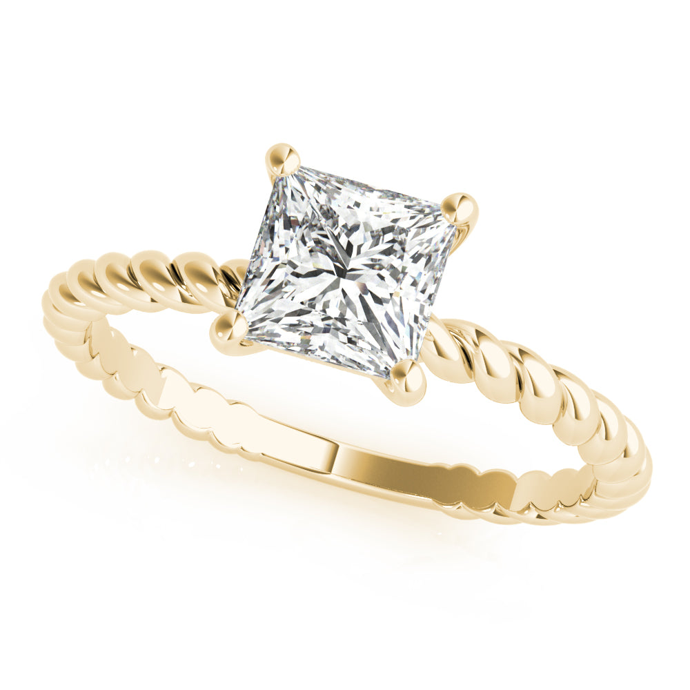 Angled front view of princess cut lab grown diamond engagement ring with twisted rope band in yellow gold