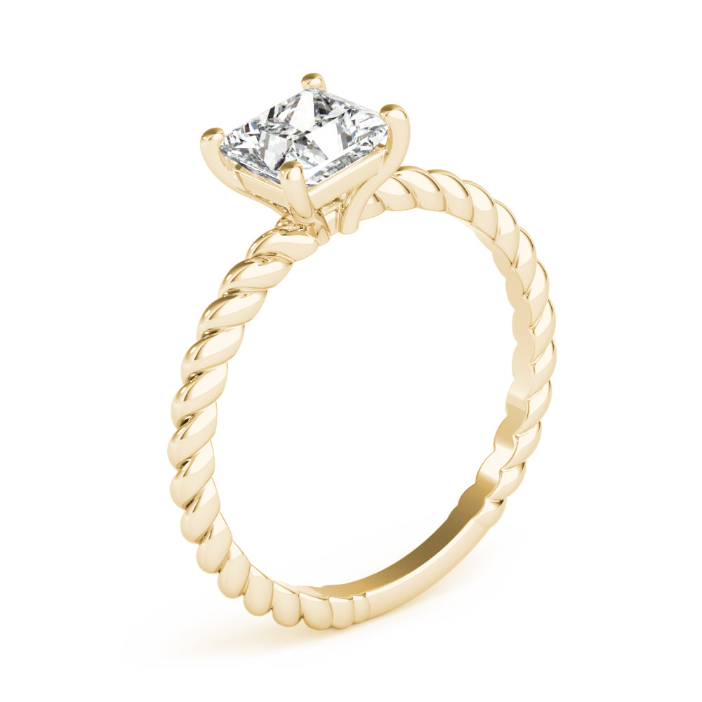 Side profile perspective of yellow gold braided shank ring showcasing the princess cut solitaire diamond setting