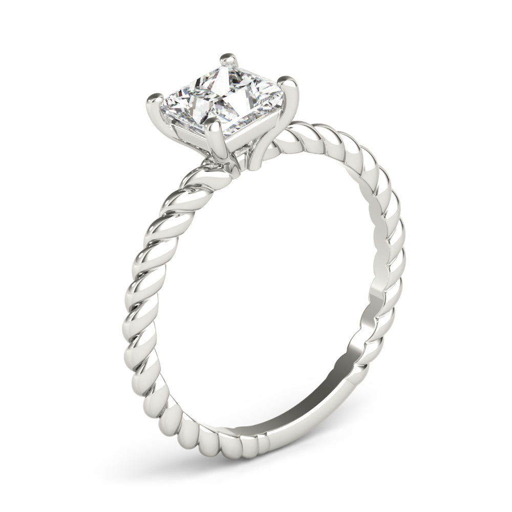 Side angle profile view of 14k white gold braided shank princess cut diamond ring