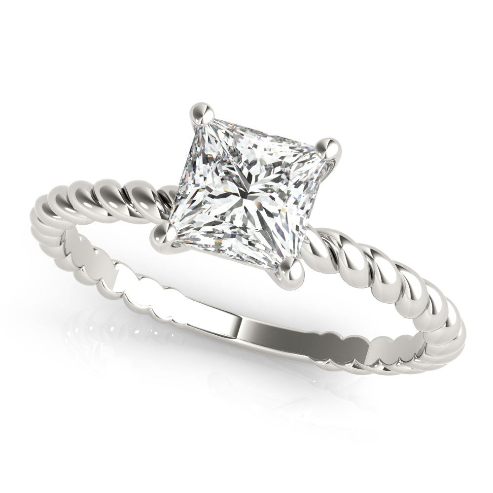 Modern white gold princess cut lab grown diamond solitaire ring with twisted rope accents
