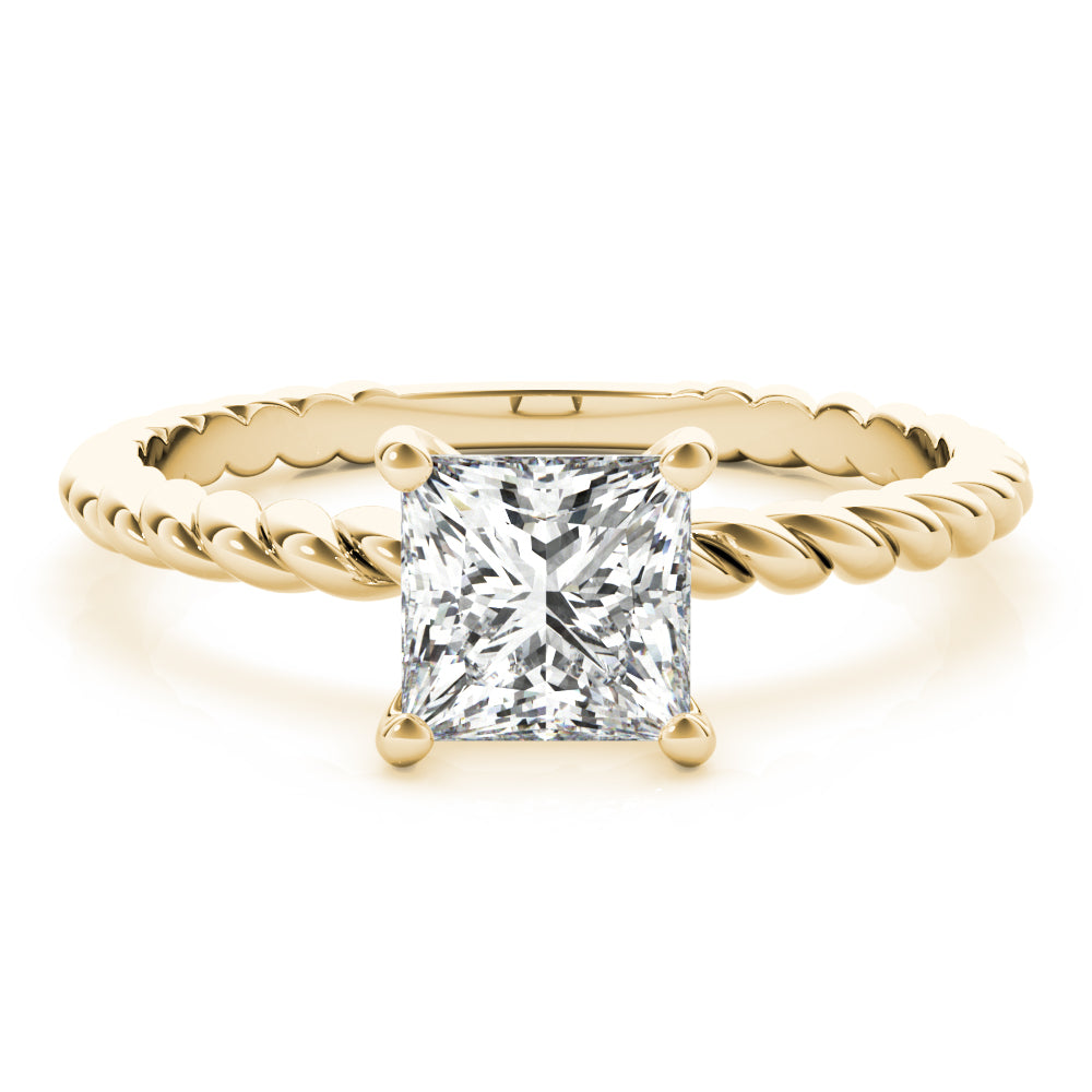 High-resolution straight front shot of 14k yellow gold twisted rope princess cut diamond ring