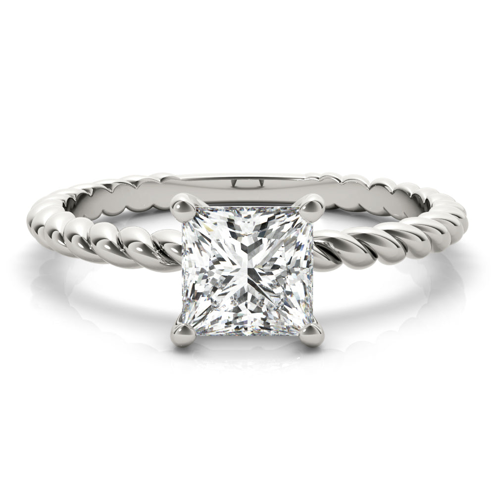 Clean front portrait shot of white gold twisted rope band princess cut solitaire ring