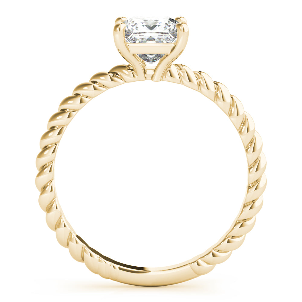 Flat front-facing vertical view of 14k yellow gold princess cut diamond ring with twisted shank