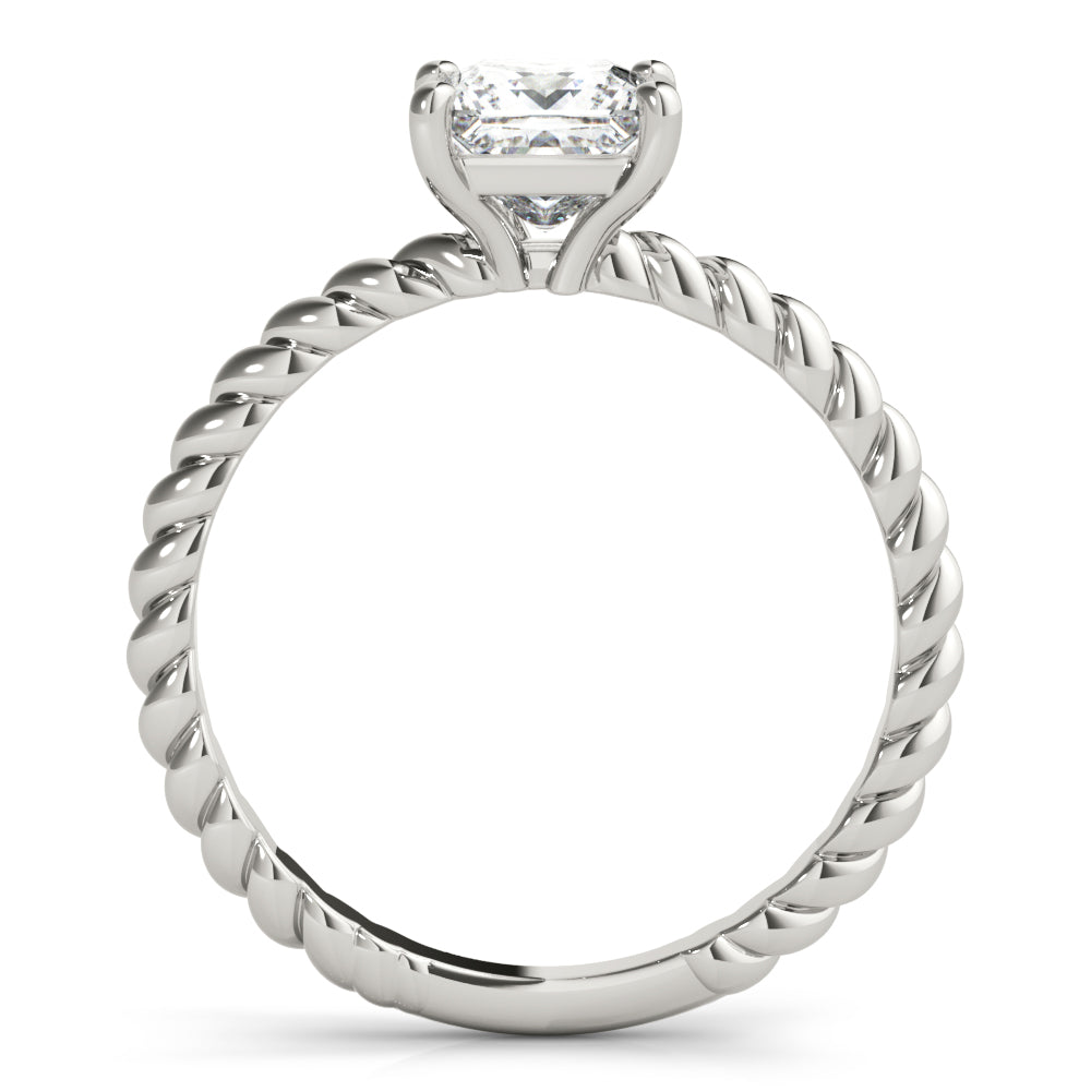 Straight front profile view of white gold princess cut lab created diamond engagement ring