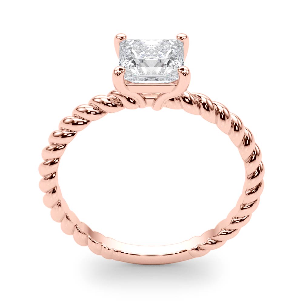 Detailed side profile view of rose gold braided ring showcasing the solitaire diamond basket