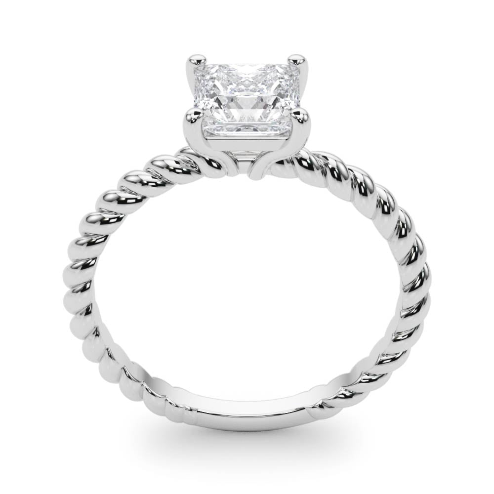 High-resolution side view of 14k white gold twisted rope princess cut diamond engagement ring