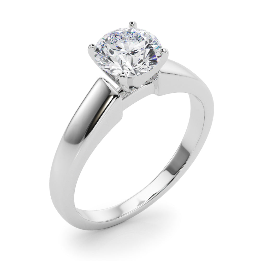 Clean side profile view of a 14k white gold cathedral shank solitaire diamond engagement ring