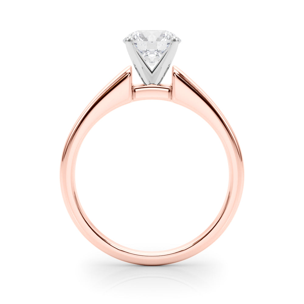 Elegant front-facing angle view of a 14k rose gold round brilliant cut solitaire engagement ring