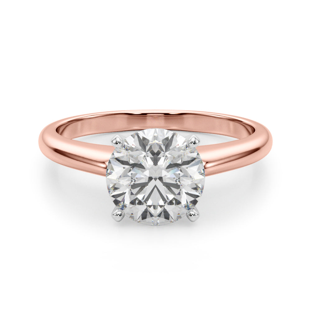 Side architecture view of a classic round lab grown diamond ring in 14K rose gold.
