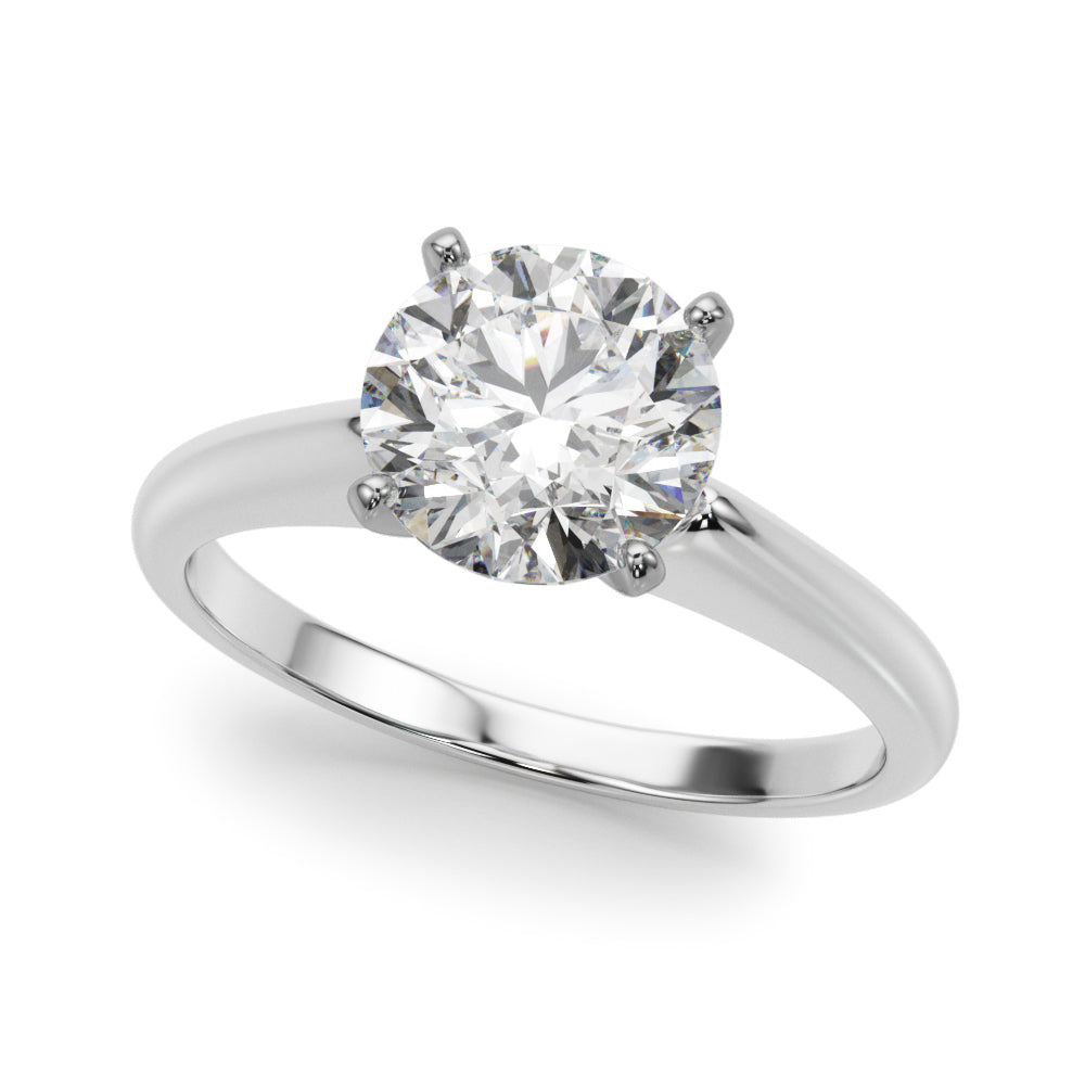 Front display of a round cut lab-created diamond solitaire ring in white gold.