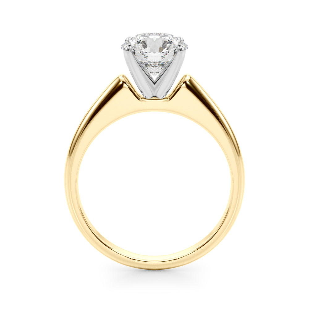 Side profile view of the 4-prong setting and high-set head of a yellow gold round diamond solitaire ring.