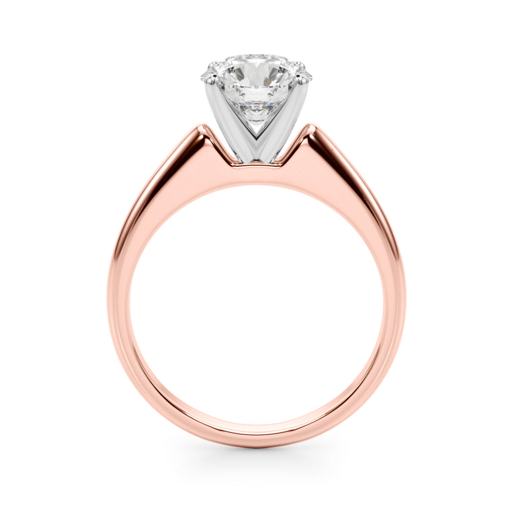 Brilliant round lab grown diamond solitaire ring in 14K rose gold, angled view.