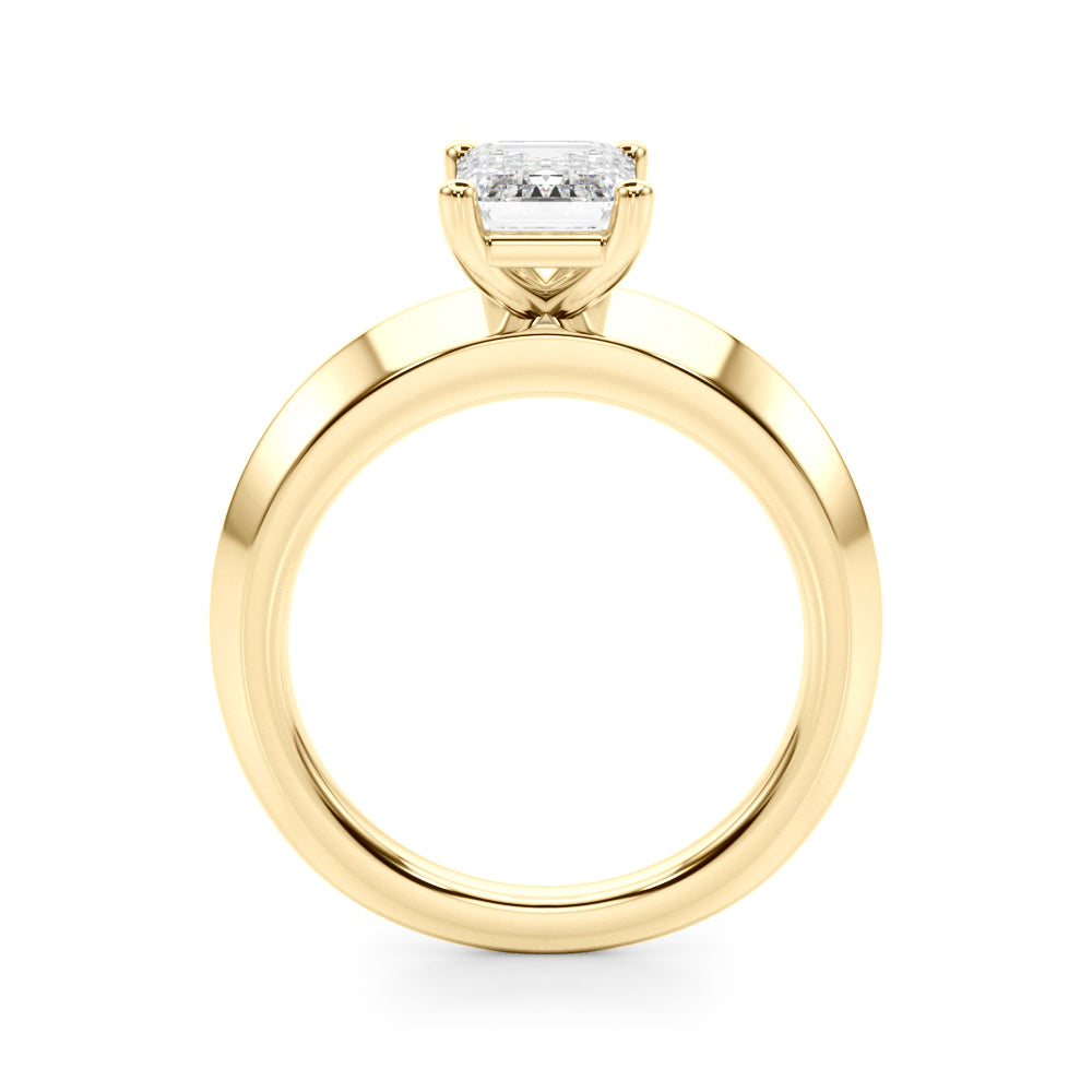 Precise side view profile of yellow gold knife edge ring showcasing the classic solitaire prong setting