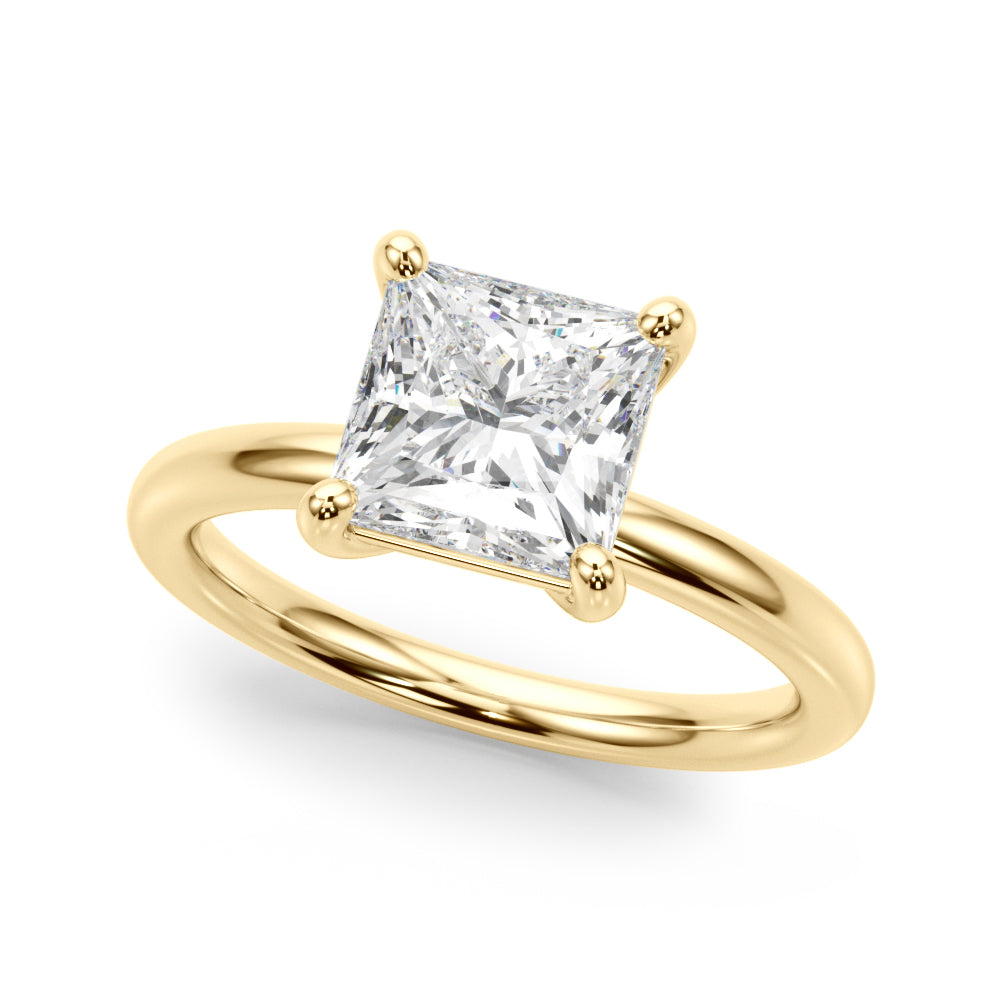 Front display of a square princess cut lab grown diamond solitaire ring in 14K yellow gold.