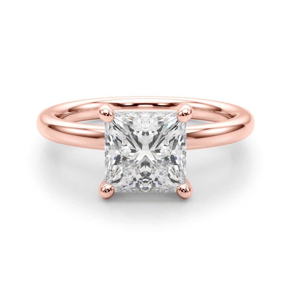 structural view of a classic princess cut lab grown diamond engagement ring in 14K rose gold.