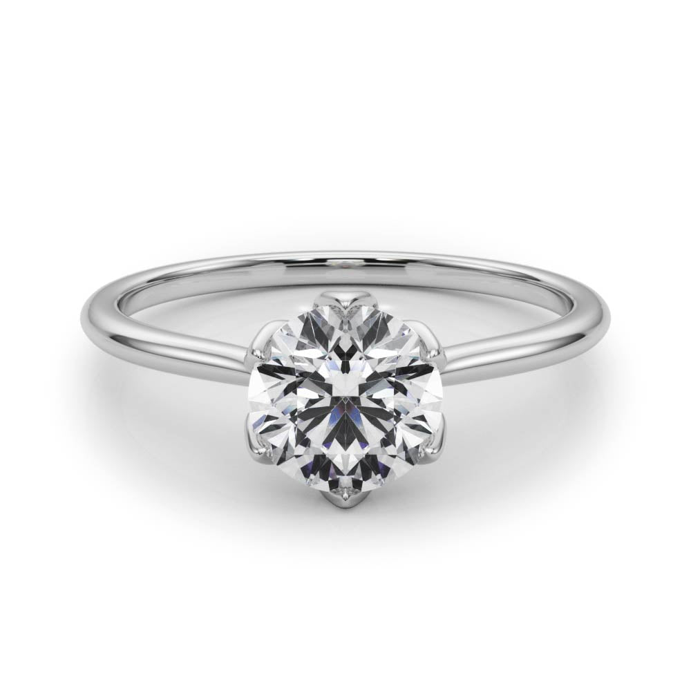 Close-up side profile of 6-prong lab diamond ring with hidden petal design