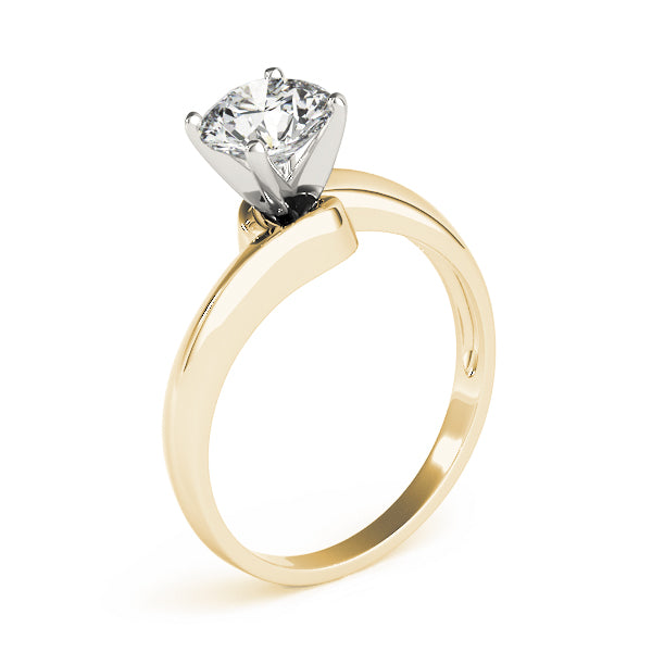 Angled vertical view of a 14K yellow gold round cut diamond bypass solitaire ring with a two-tone head.
